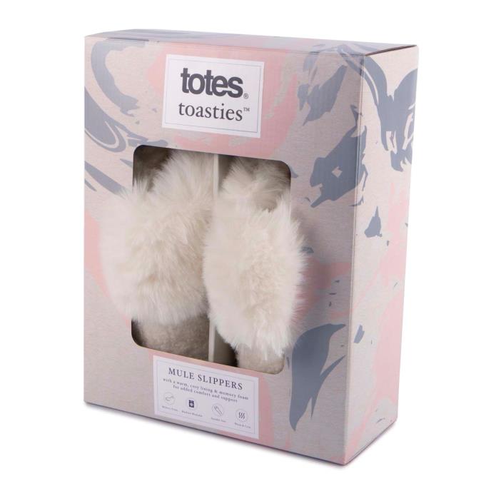totes toasties® Ladies Textured Sparkle Faux Fur Mule Slippers Cream Extra Image 1